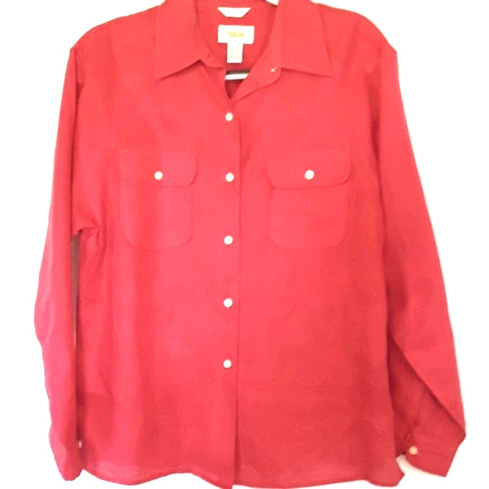 Women Sz 10 Red 100% Irish Linen Fairy Long Sleeve Button Up Pockets Talbots Top